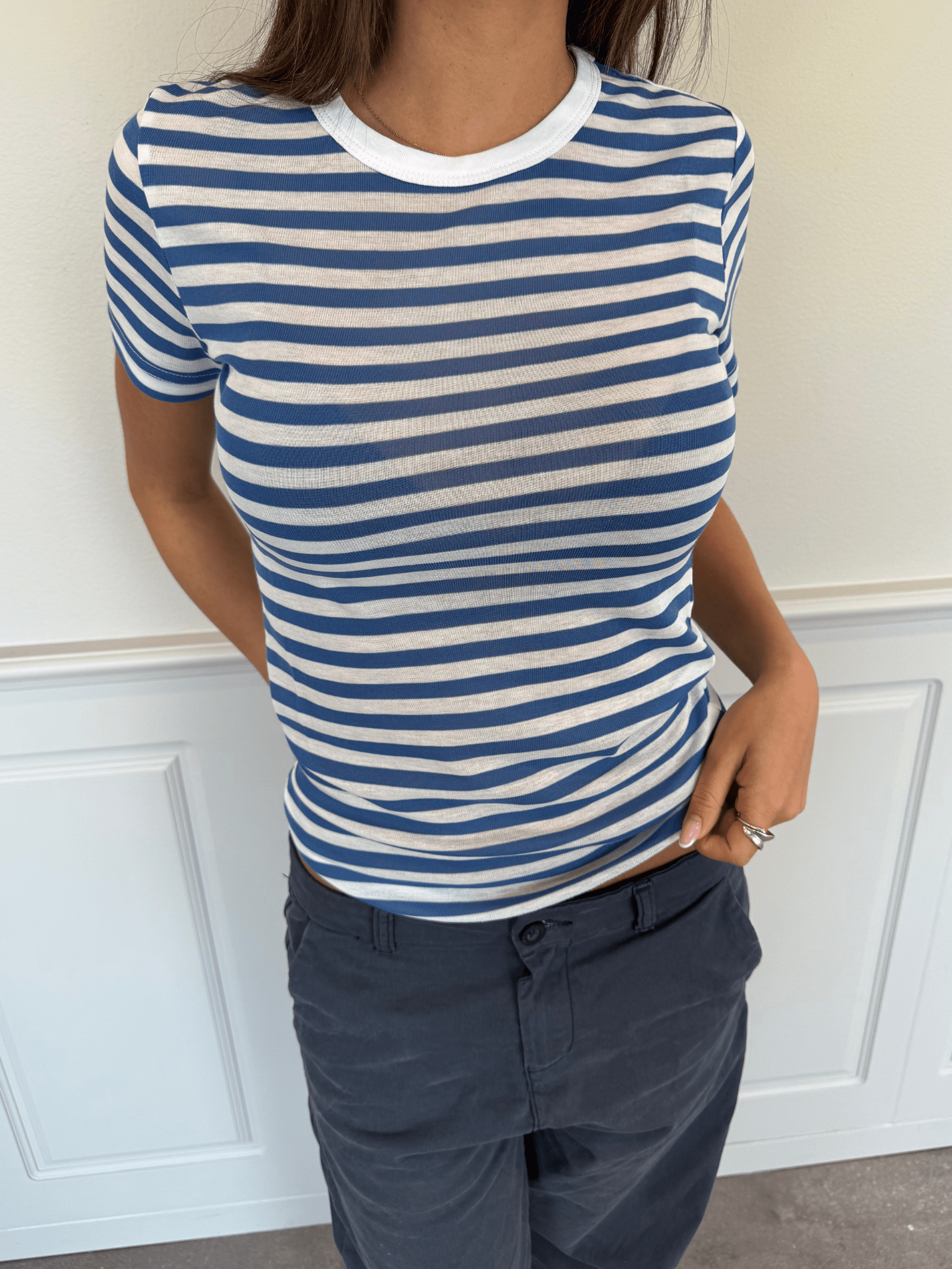 SEITLICH KURZARM-T-SHIRT - WEISS/BLAU GESTREIFT