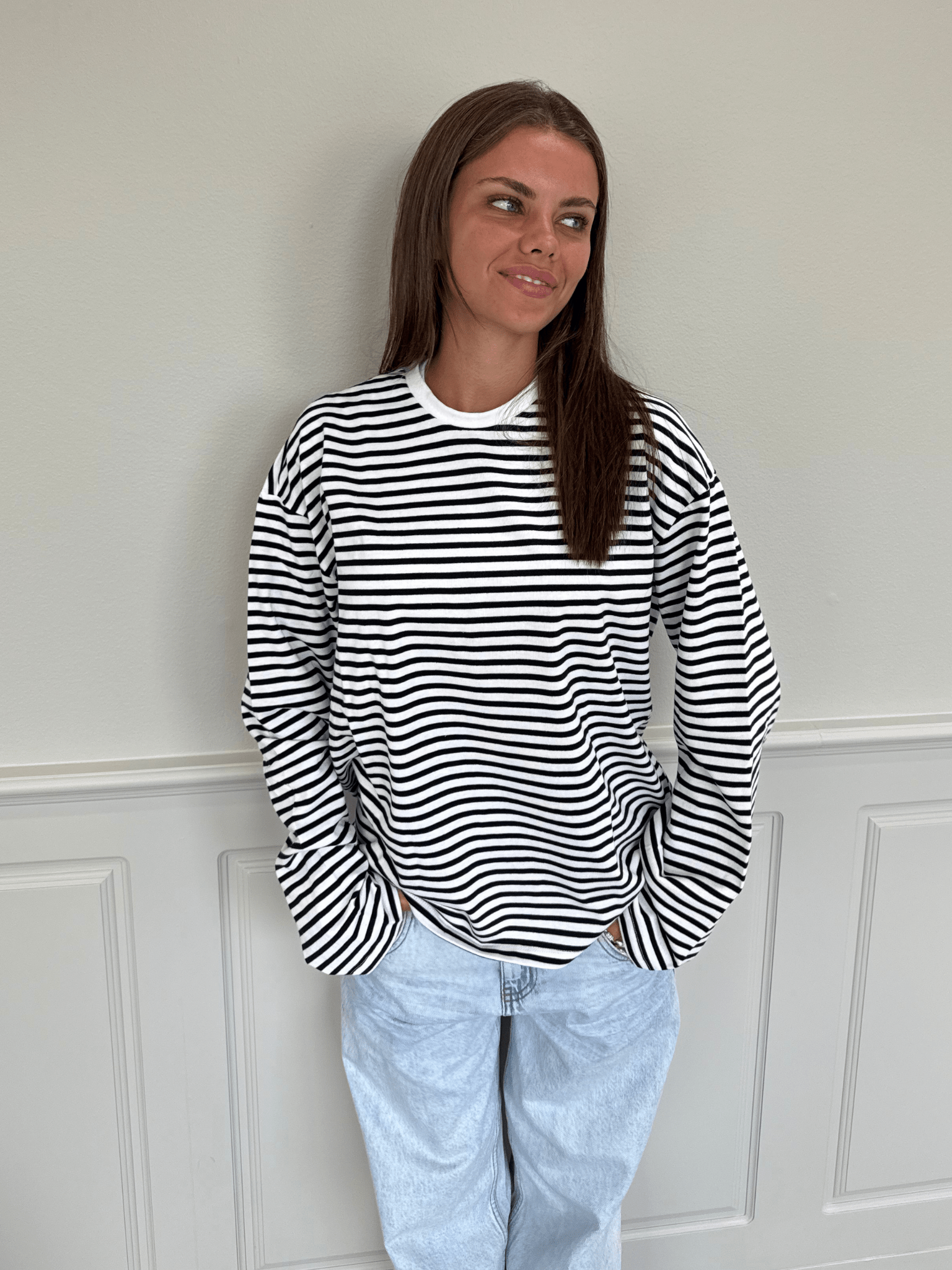 SADIE STRIPE TEE LS - CLOUD DANCER / SCHWARZ