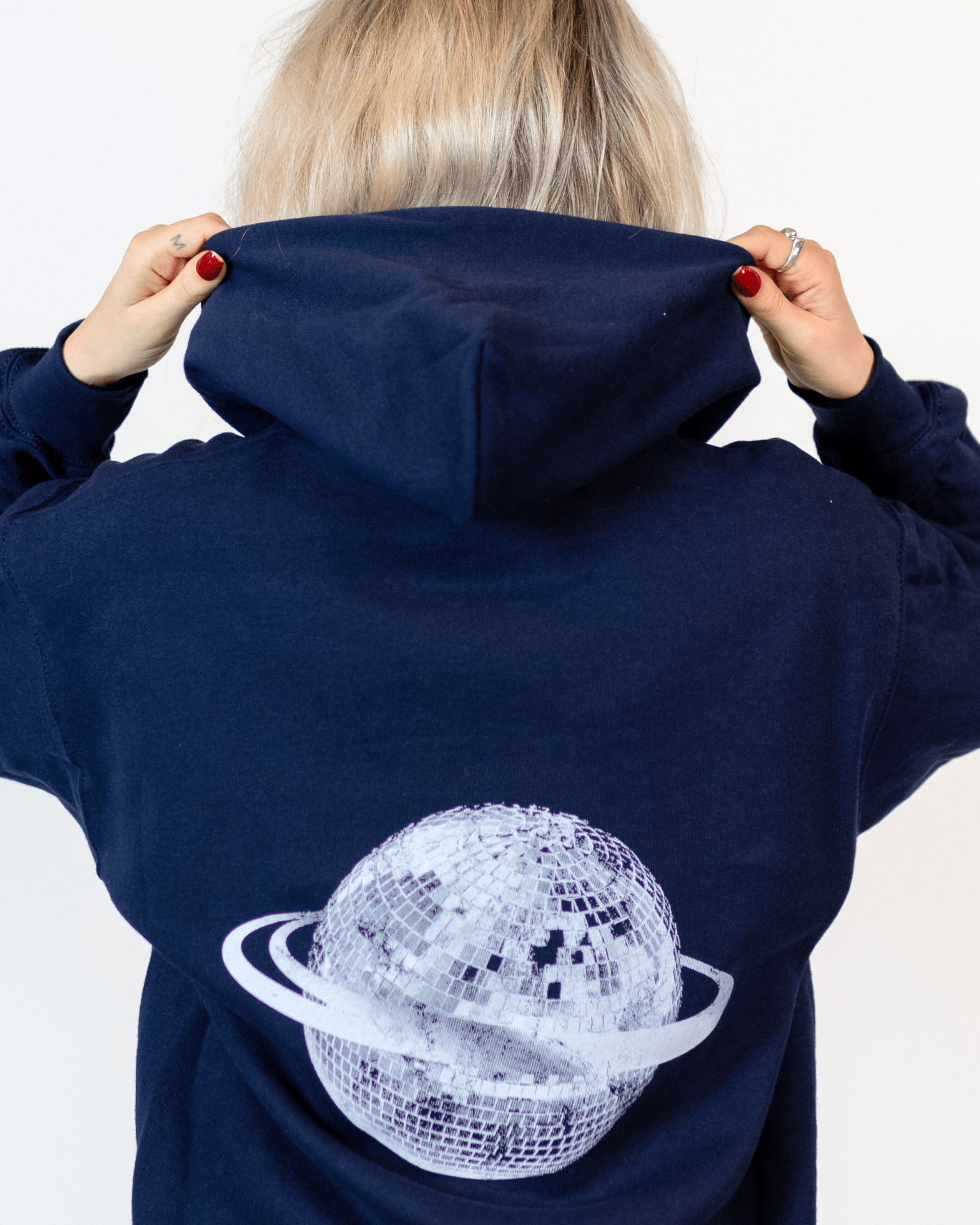 PLANET DISCO (hvid) HOODIE (rygprint) - NAVY