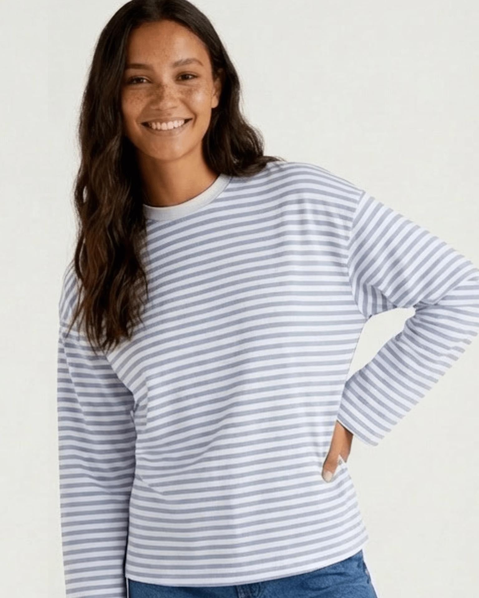 SADIE STRIPE TEE LS - CLOUD DANCER / CASHMERE BLUE