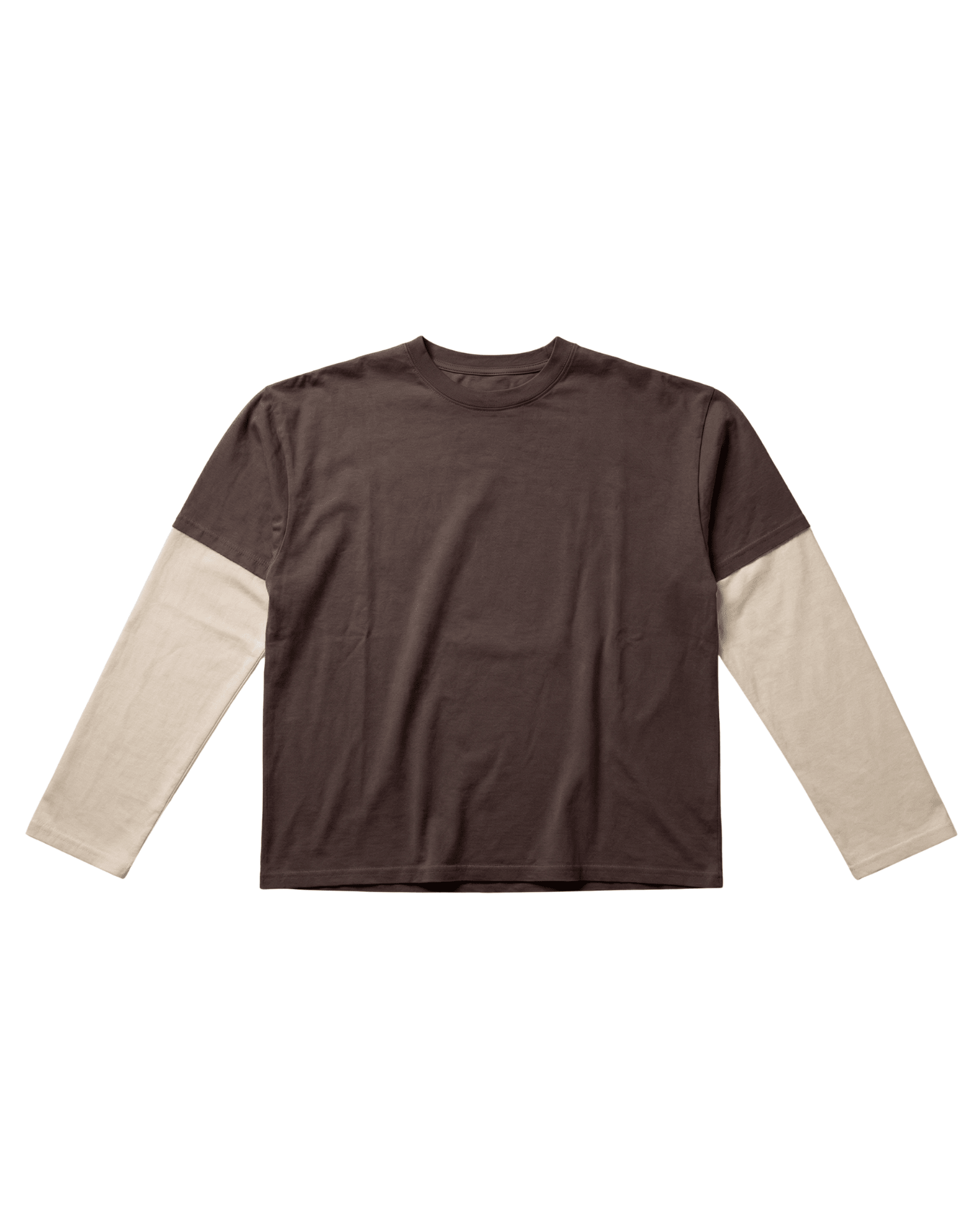 Alvia layered tee i mørkebrun og beige bomuld med lange ærmer