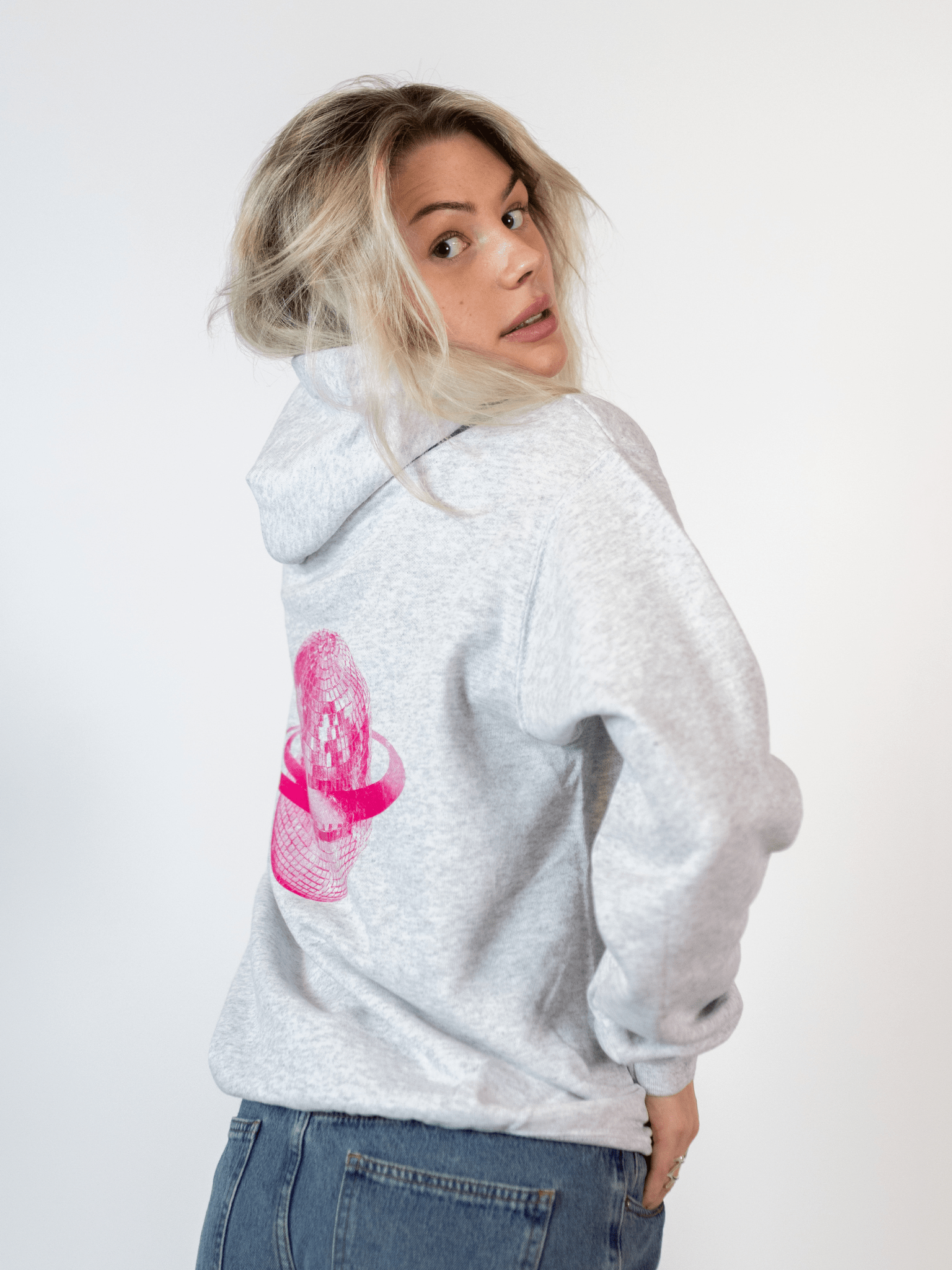 PLANET DISCO (pink) HOODIE (rygprint) - GREY
