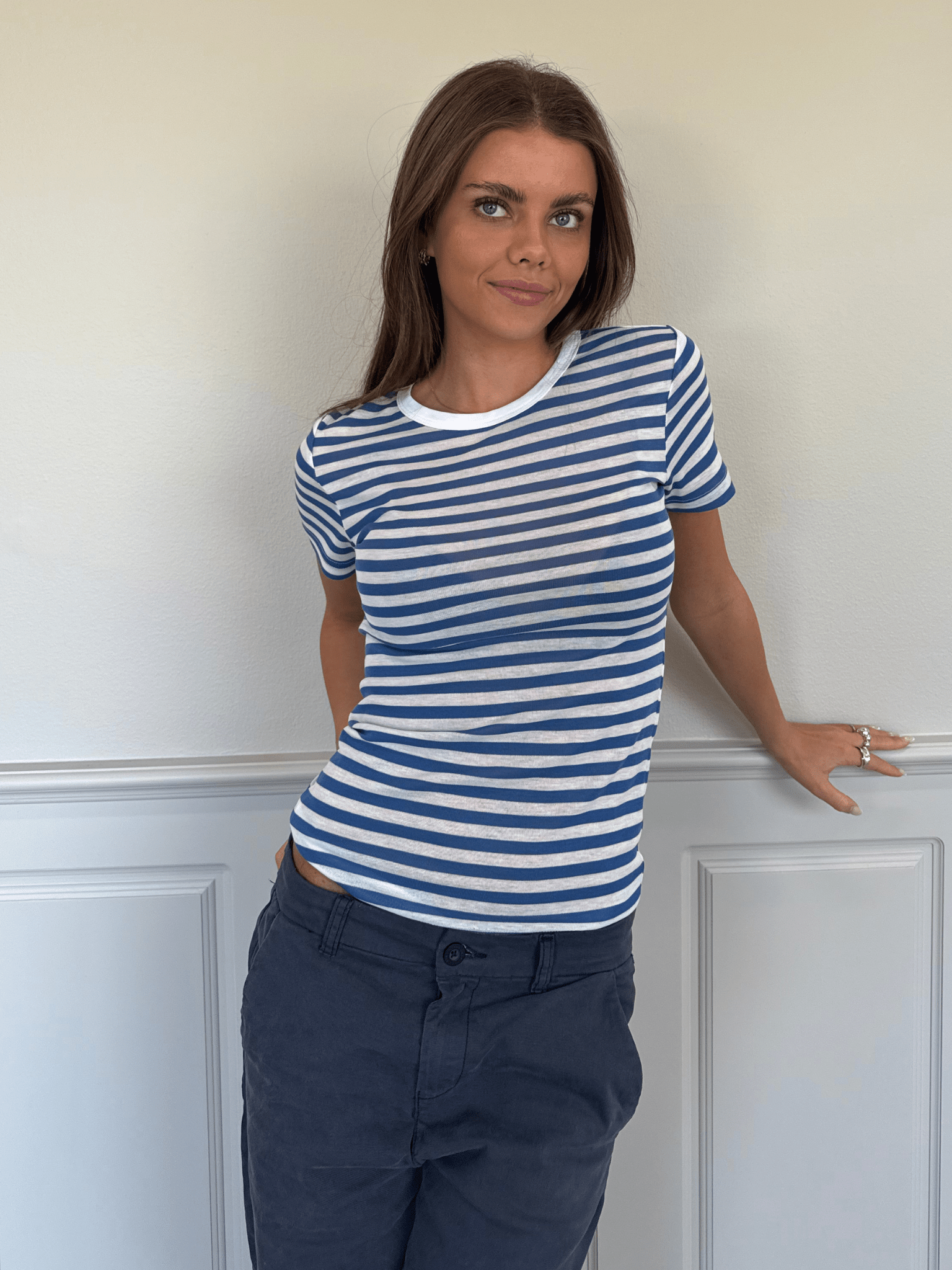 SEITLICH KURZARM-T-SHIRT - WEISS/BLAU GESTREIFT