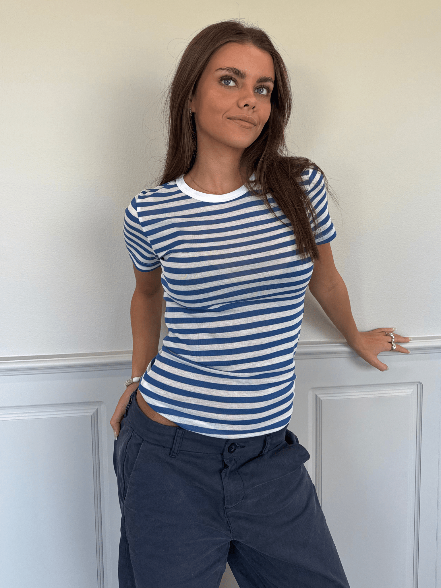 SEITLICH KURZARM-T-SHIRT - WEISS/BLAU GESTREIFT