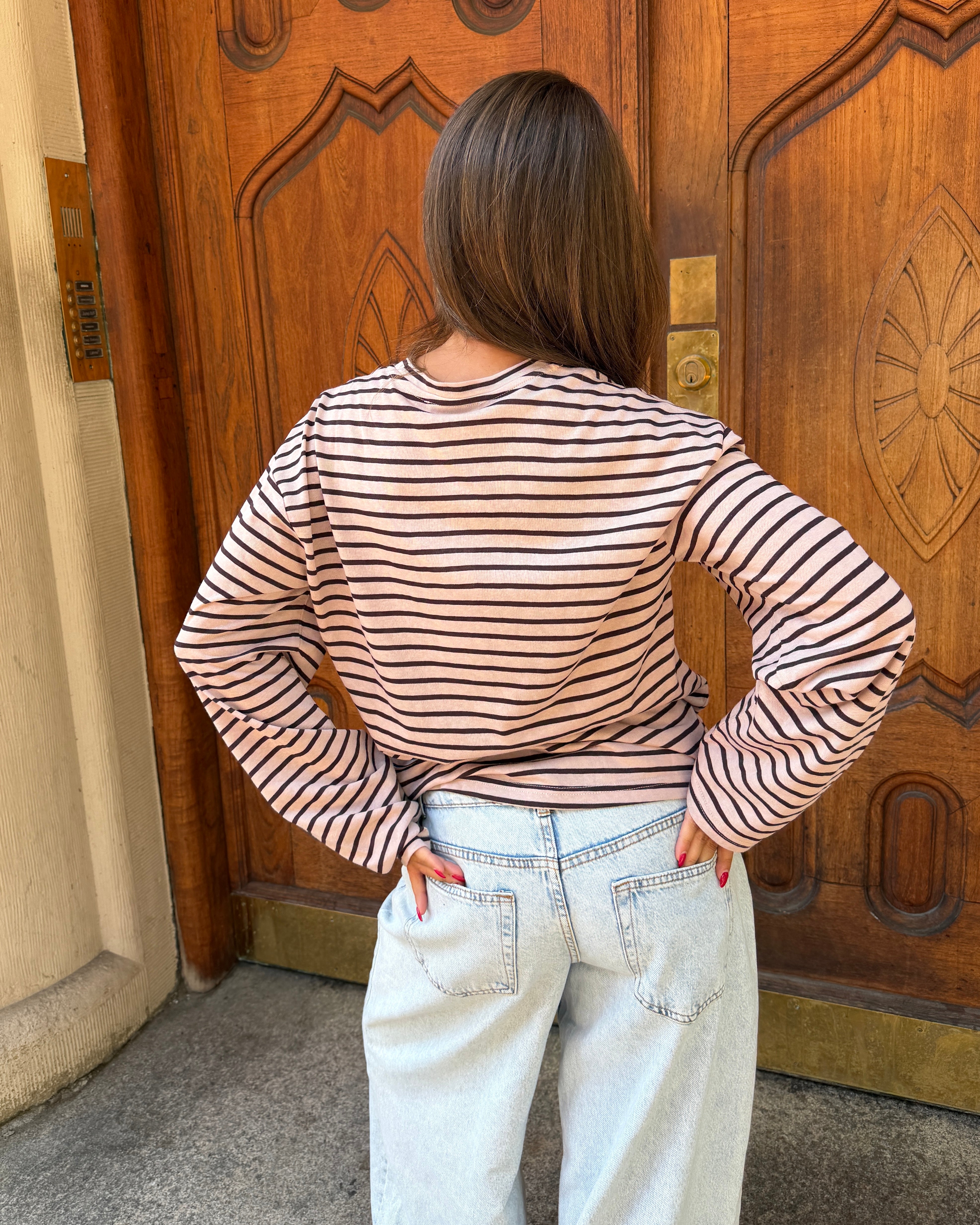 MALIA STRIPE TEE - BLUSH PINK/BROWN