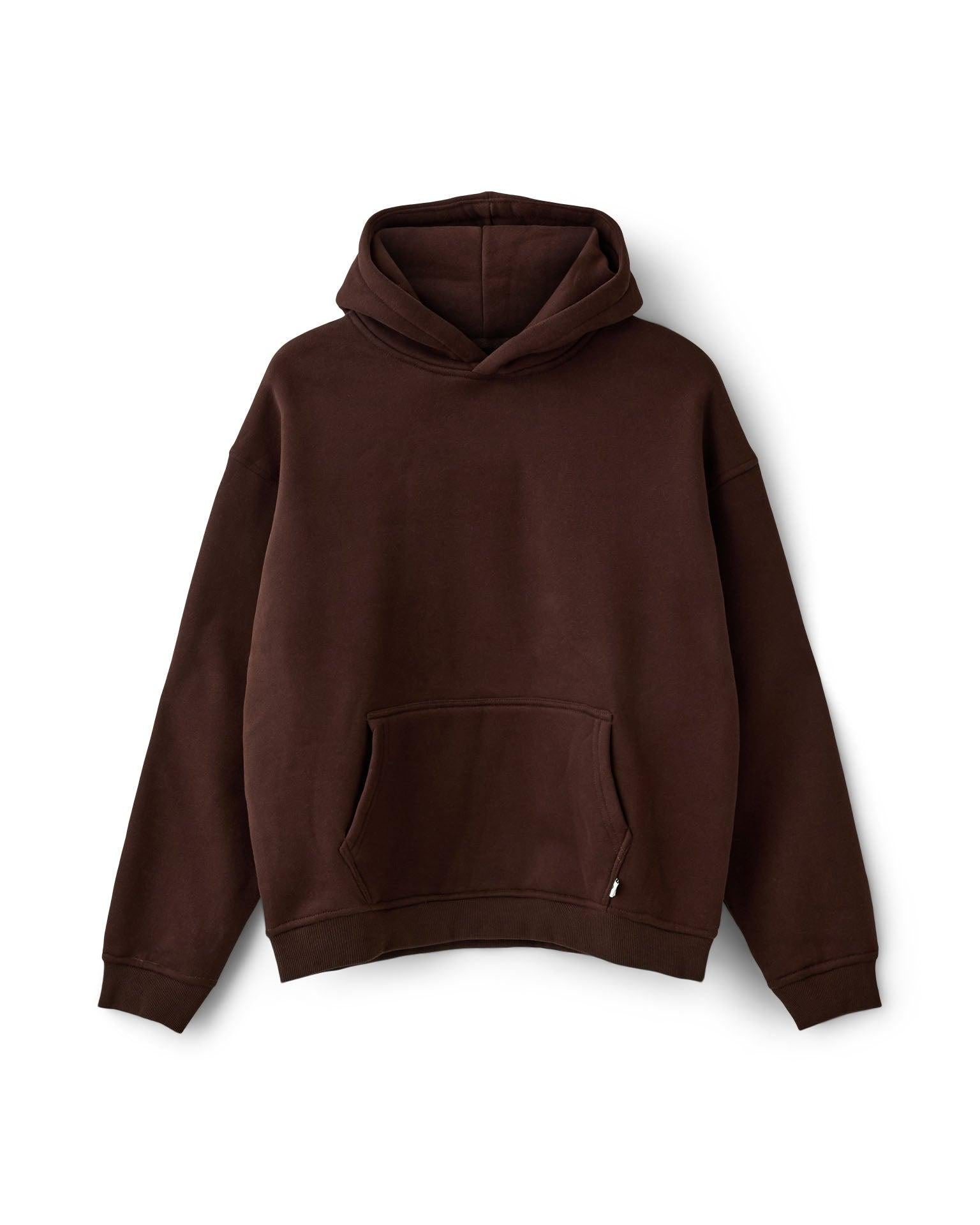 Brun oversized hoodie i blød bomuld med kængurulomme fra Din Vintage Shop.