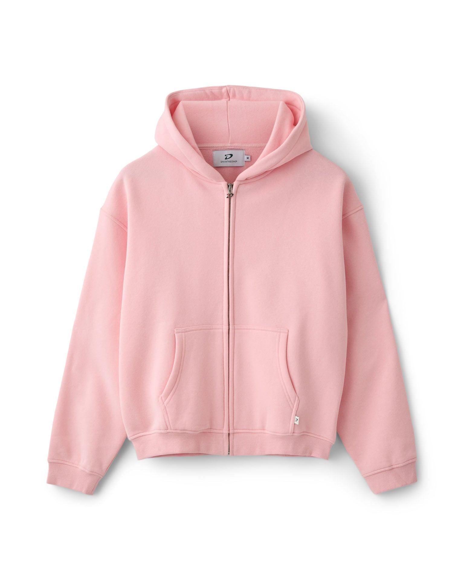 Lyserød oversized zip hoodie i blød bomuld med hætte og lommer fra Din Vintage Shop.