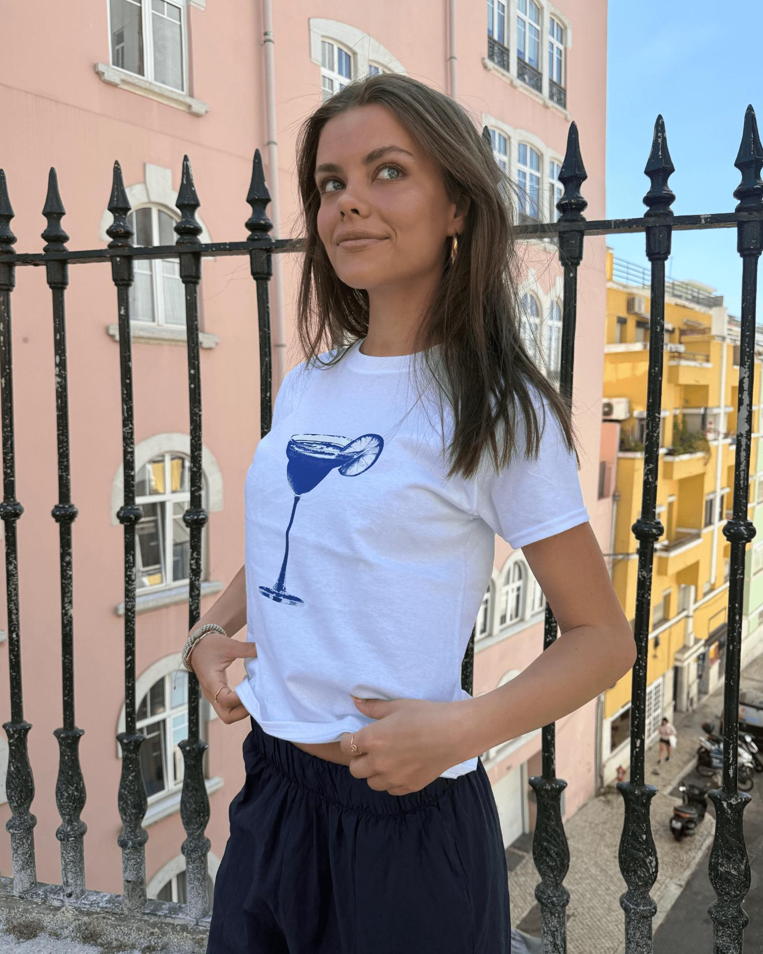 BLUE DRINK, BABY TEE - WHITE