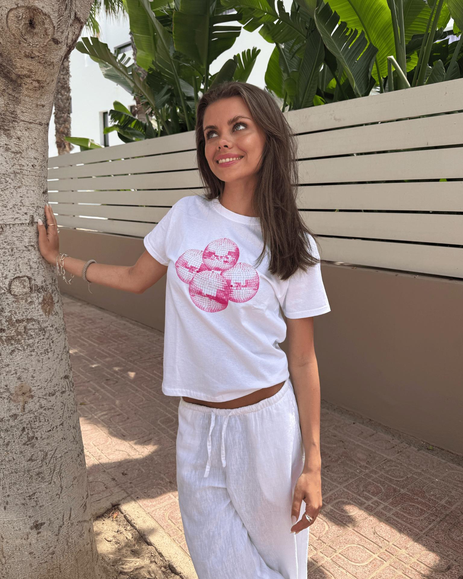 DISCO KUGLE (pink), BABY TEE - WHITE