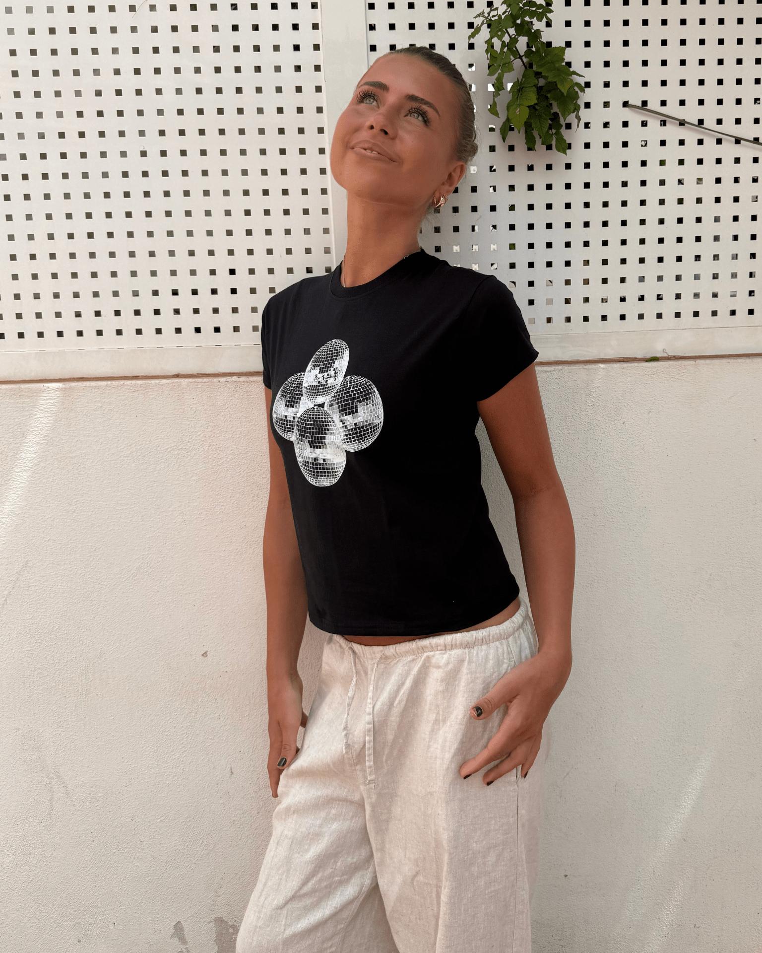 DISCO KUGLE (white), BABY TEE - BLACK