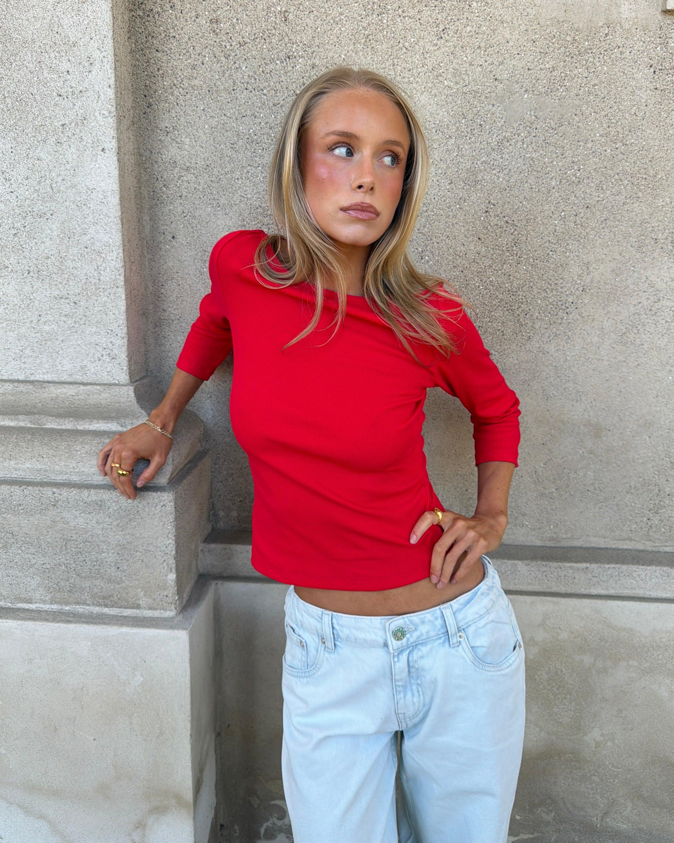 ELFRIDA BOATNECK 3/4 TOP - RED - Dinvintageshop