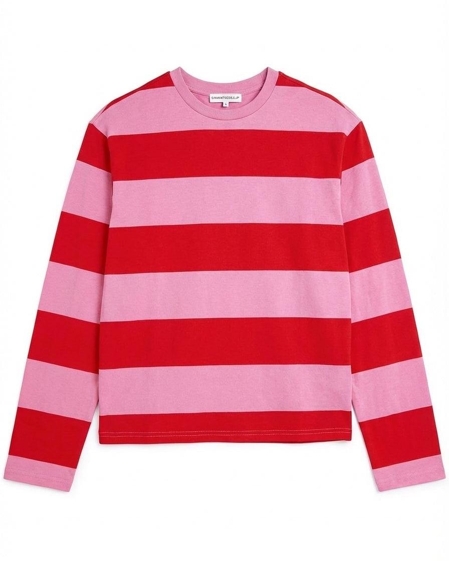 Mynte oversize langærmet t-shirt med brede striber i pink og rød.