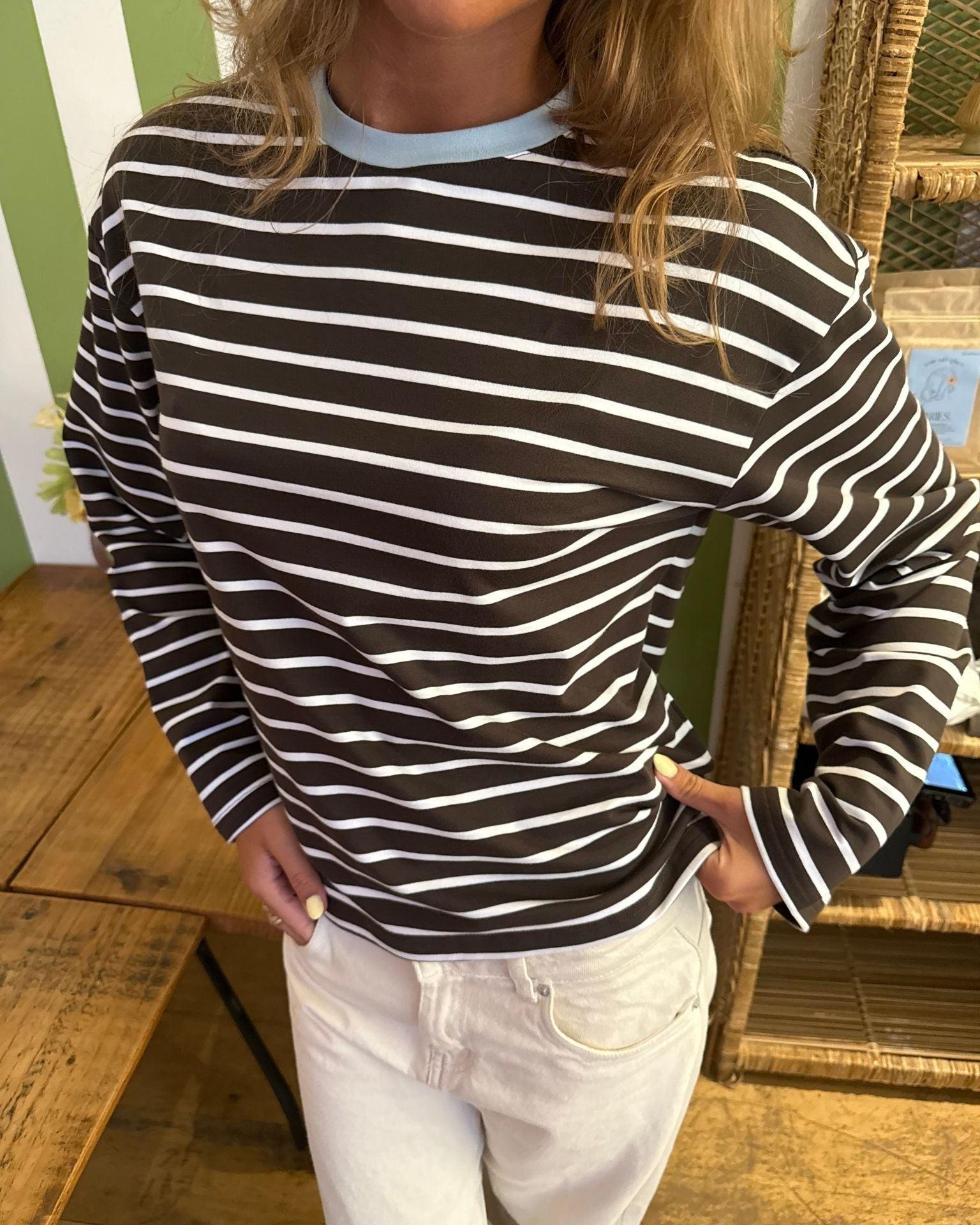 MYNTE STRIPE TEE - BROWN/WHITE - Dinvintageshop