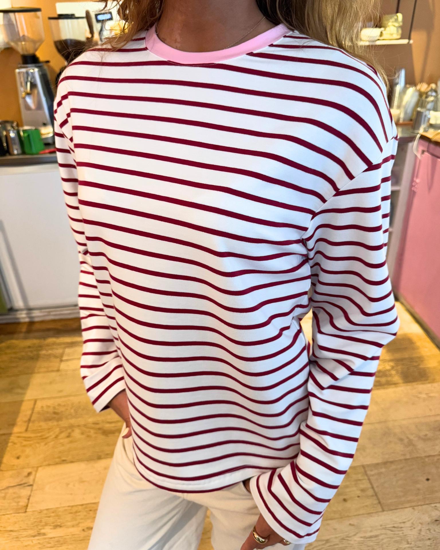 MYNTE STRIPE TEE - WHITE/WINE RED