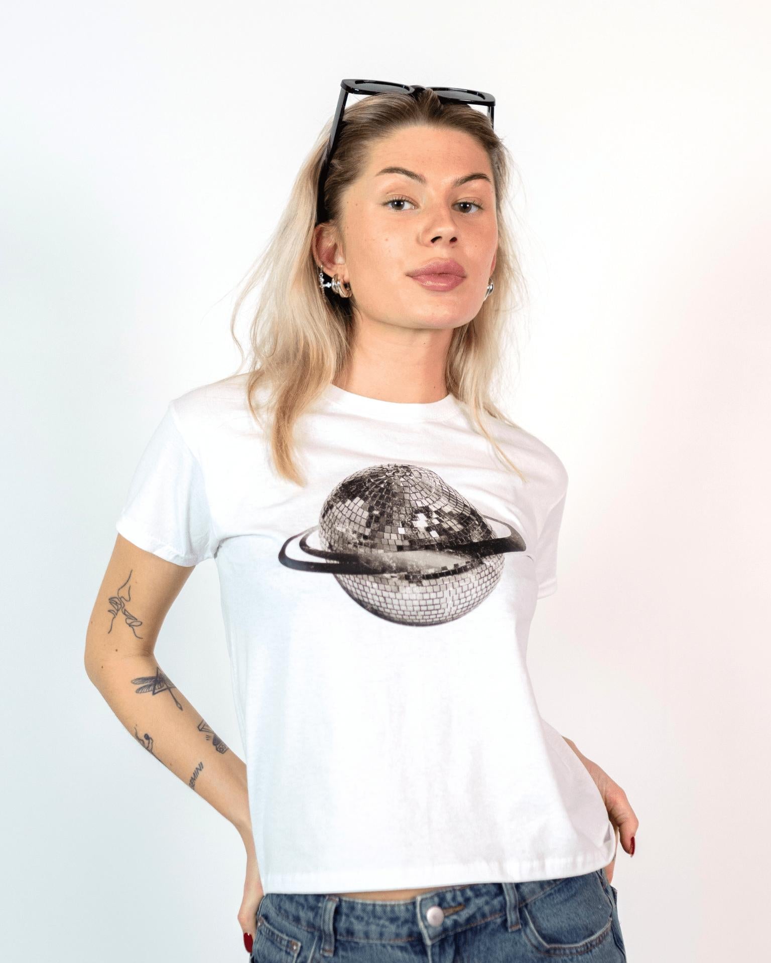 PLANET DISCO (black), BABY TEE - WHITE