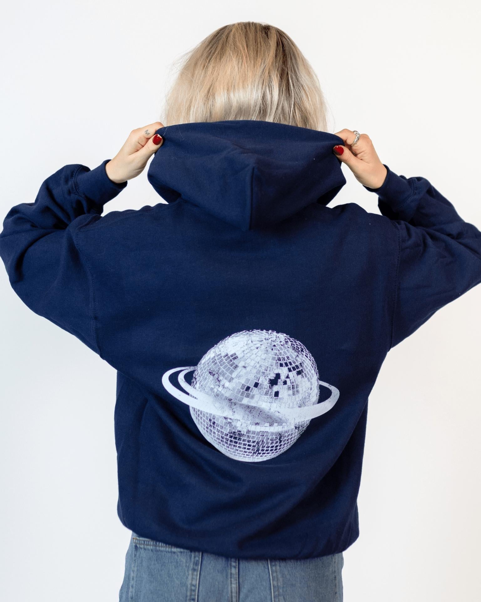 PLANET DISCO (hvid) HOODIE (rygprint) - NAVY