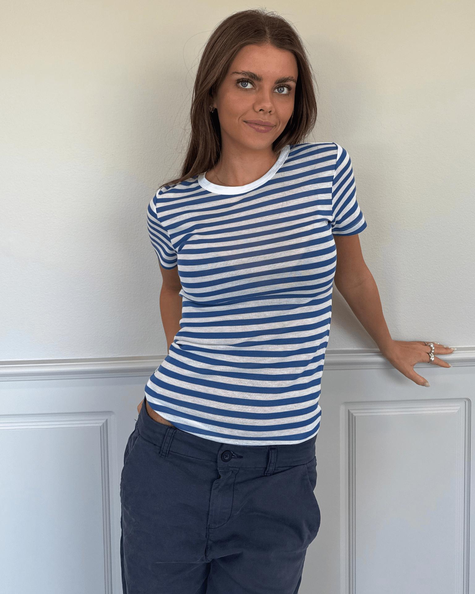 SIDSE KORTÆRMET T-SHIRT - WHITE/BLUE STRIPE