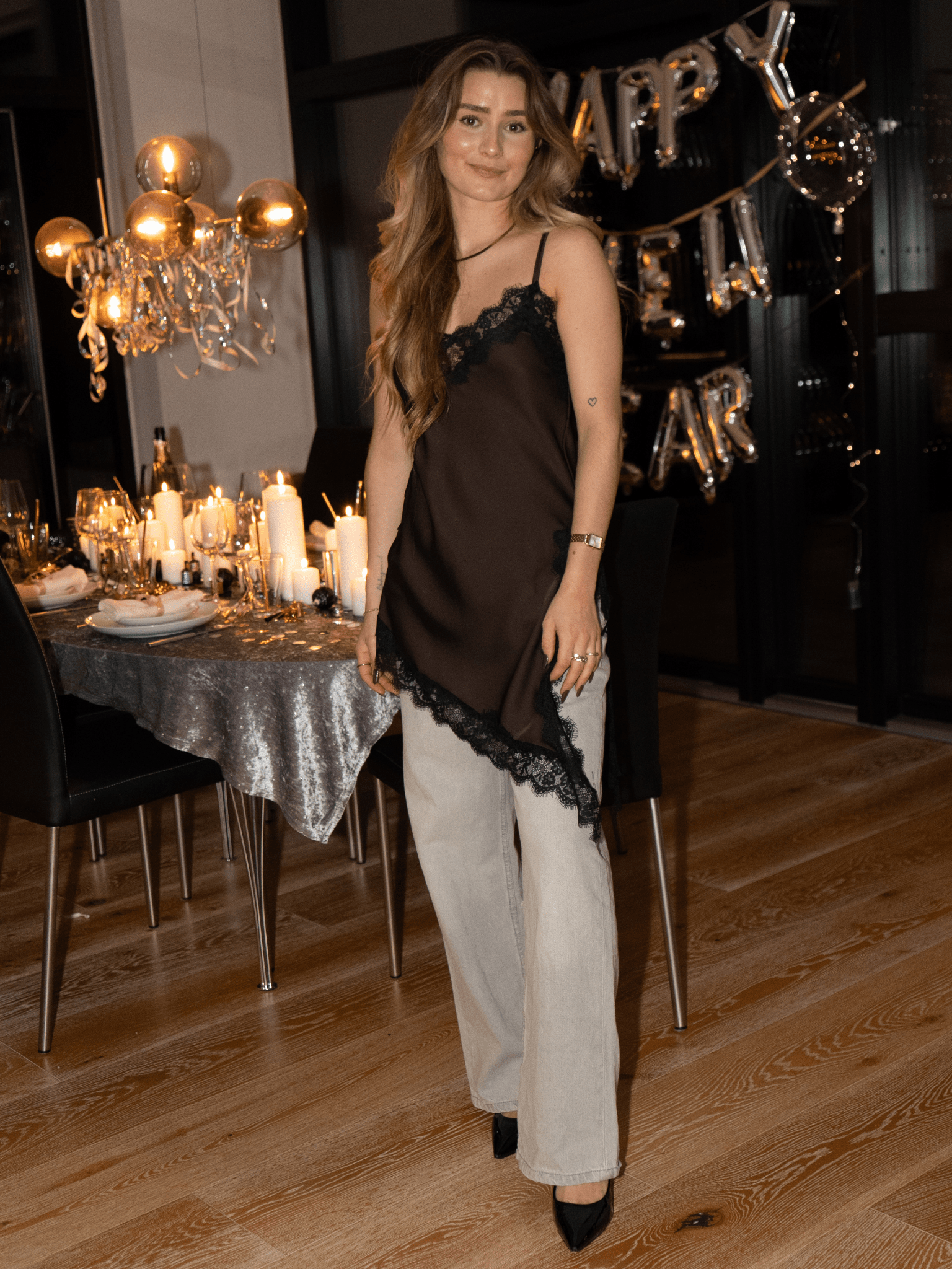 LOLA Satin-Spitzentop - Braun/Schwarz