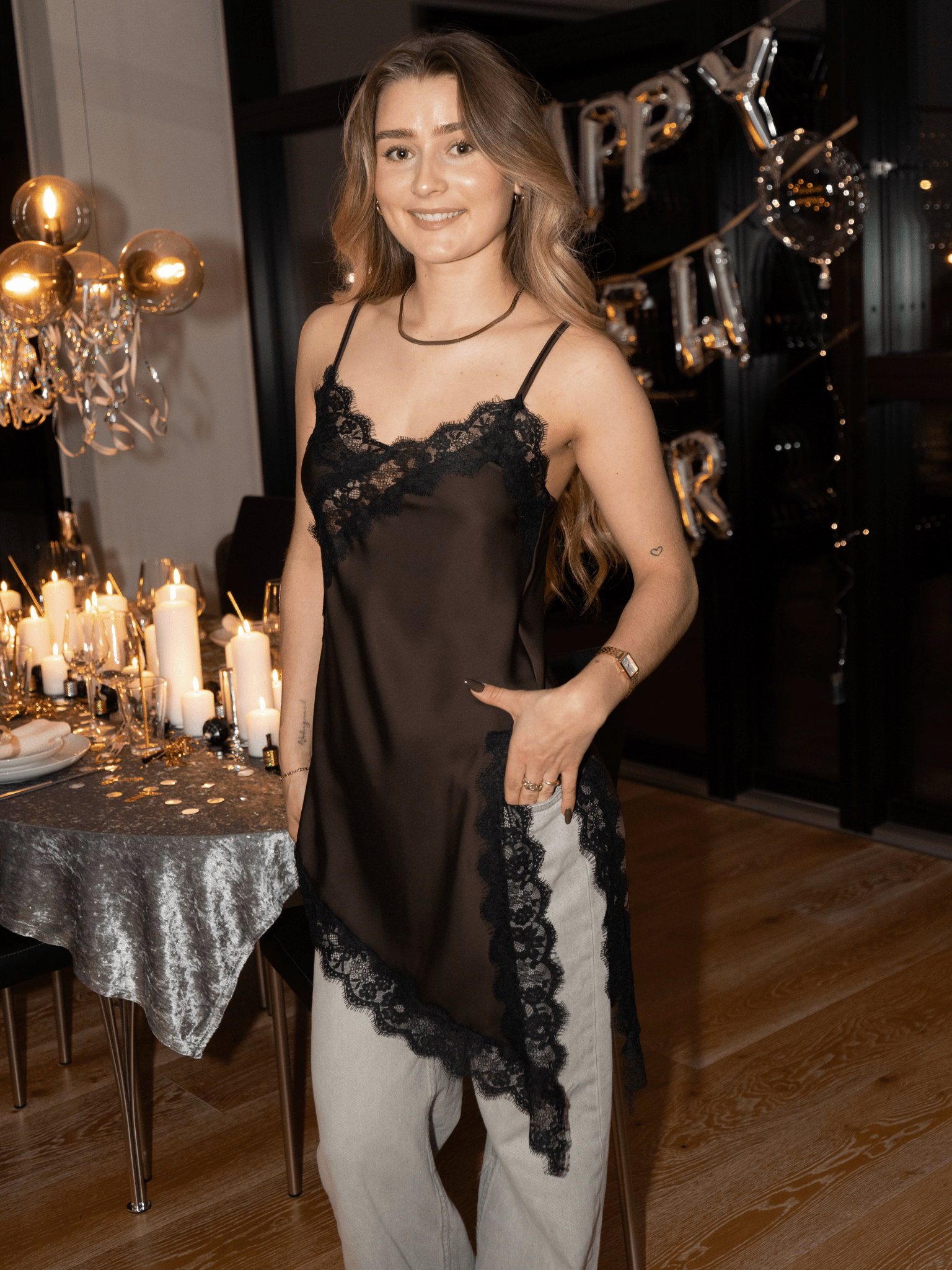 LOLA Satin-Spitzentop - Braun/Schwarz