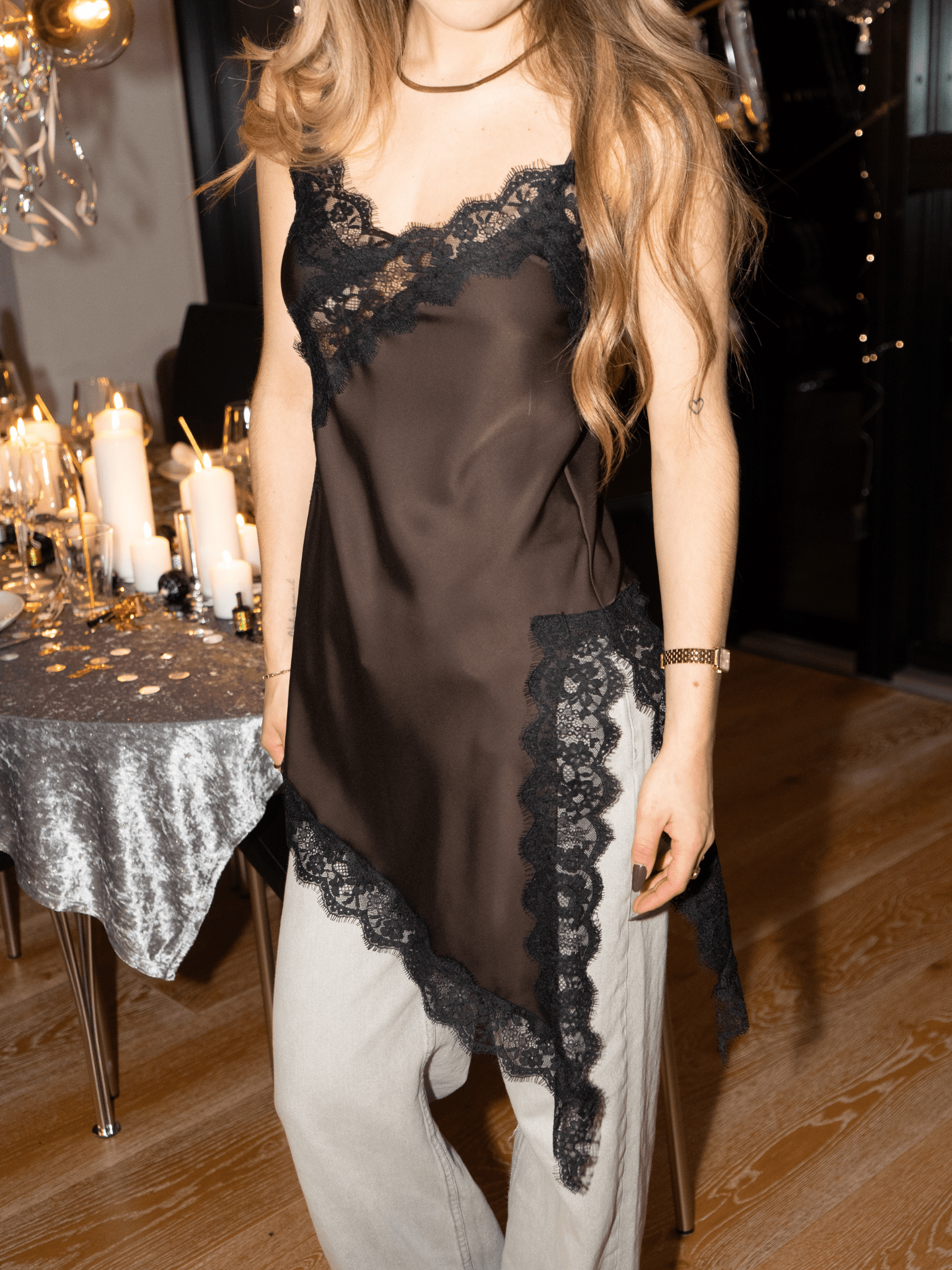 LOLA Satin-Spitzentop - Braun/Schwarz