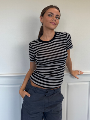 SIDSE KORTÆRMET T-SHIRT - BLACK/GREY STRIPE