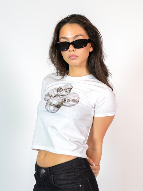 DISCO KUGLE (sort), BABY TEE - HVID – Dinvintageshop