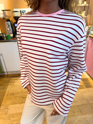 MYNTE STRIPE TEE - WHITE/WINE RED