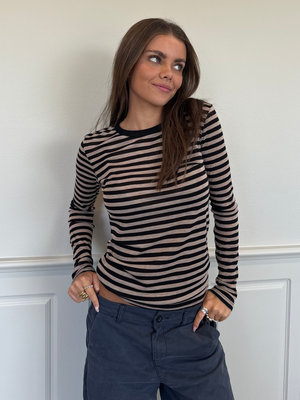 SIDSE LANGÆRMET T-SHIRT - BLACK/BROWN STRIPE