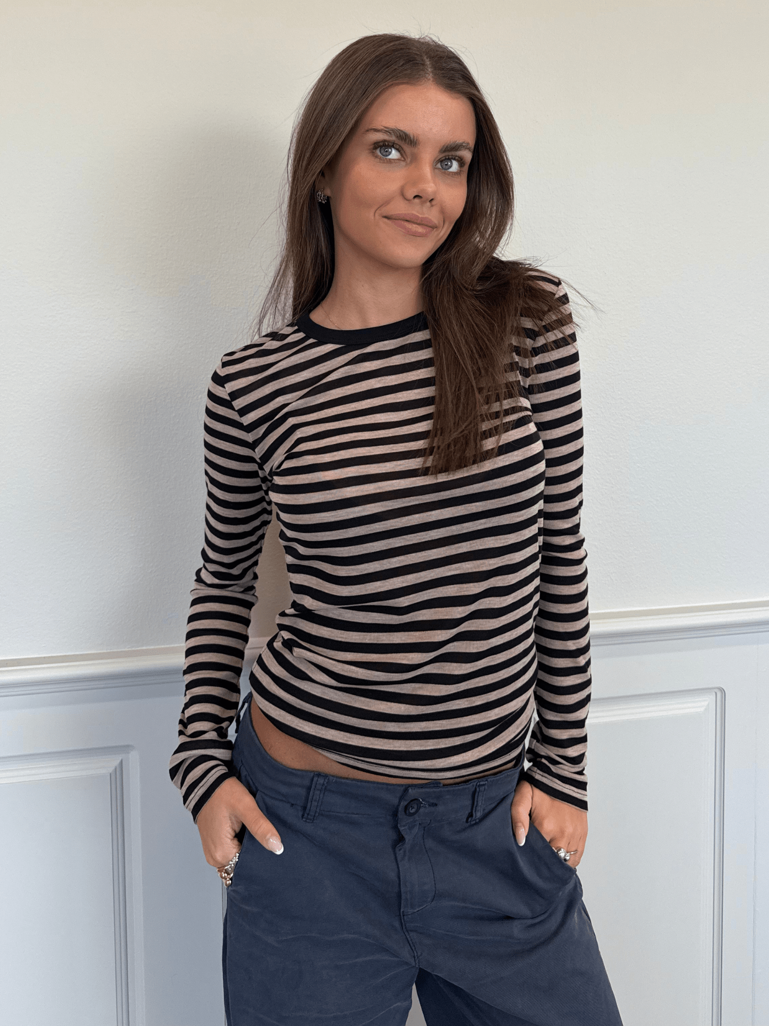SIDSE LANGÆRMET T-SHIRT - BLACK/BROWN STRIPE