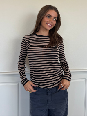 SIDSE LANGÆRMET T-SHIRT - BLACK/BROWN STRIPE