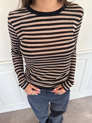 SIDSE LANGÆRMET T-SHIRT - BLACK/BROWN STRIPE