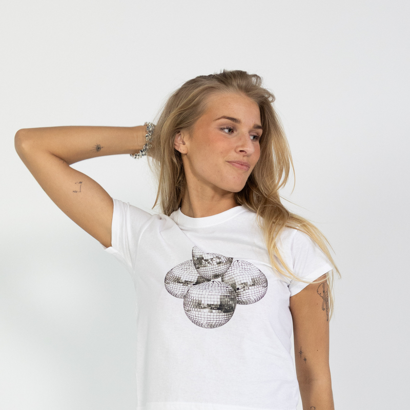 DISCO KUGLE (sort), BABY TEE - HVID – Dinvintageshop