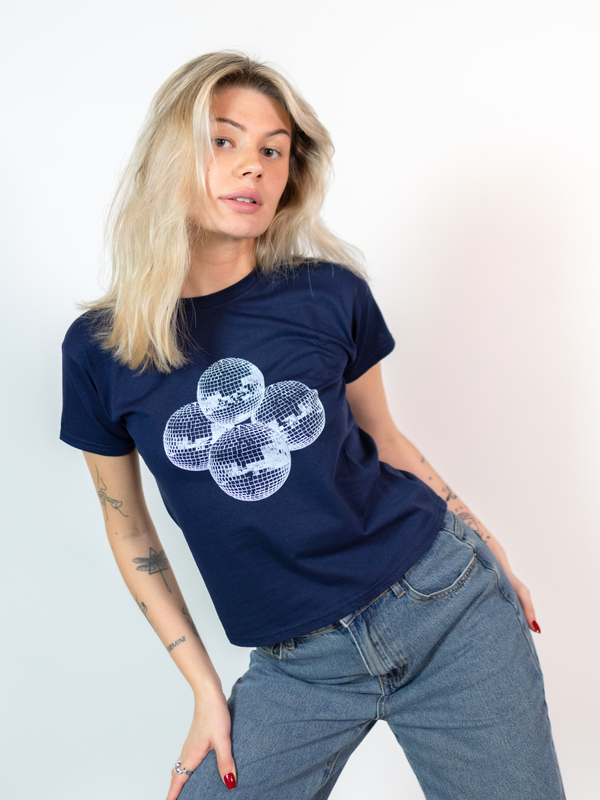 DISCO KUGLE (sort), BABY TEE - HVID – Dinvintageshop