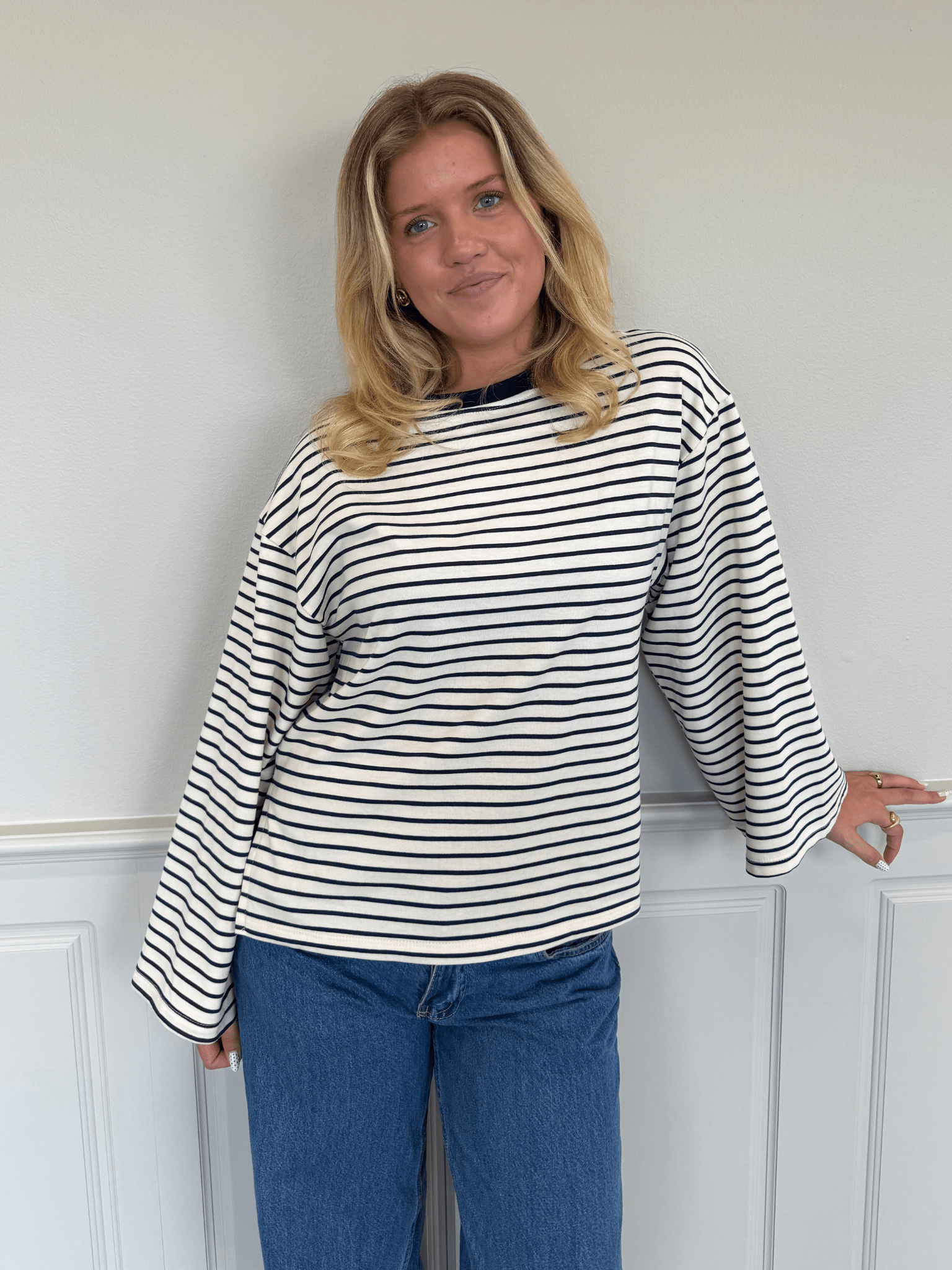 STRIPE TEE, LANGÆRMET - OFFWHITE/NAVY
