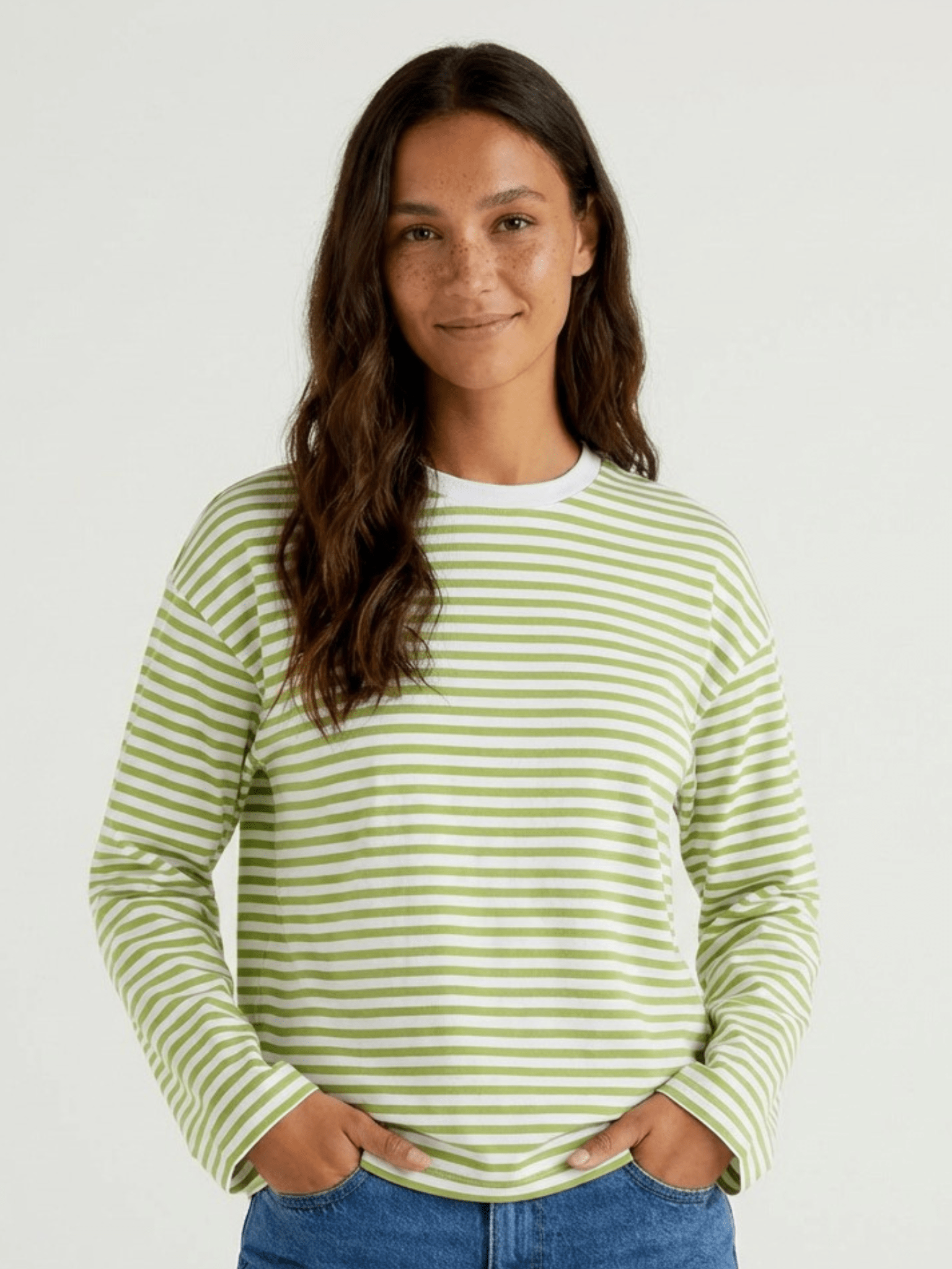 SADIE STRIPE TEE LS - BRIGHT WHITE/ HERBAL GARDEN - fra Dinvintageshop