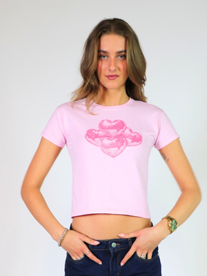 4 DISCO HEARTS (pink) BABY TEE - LYSERØD