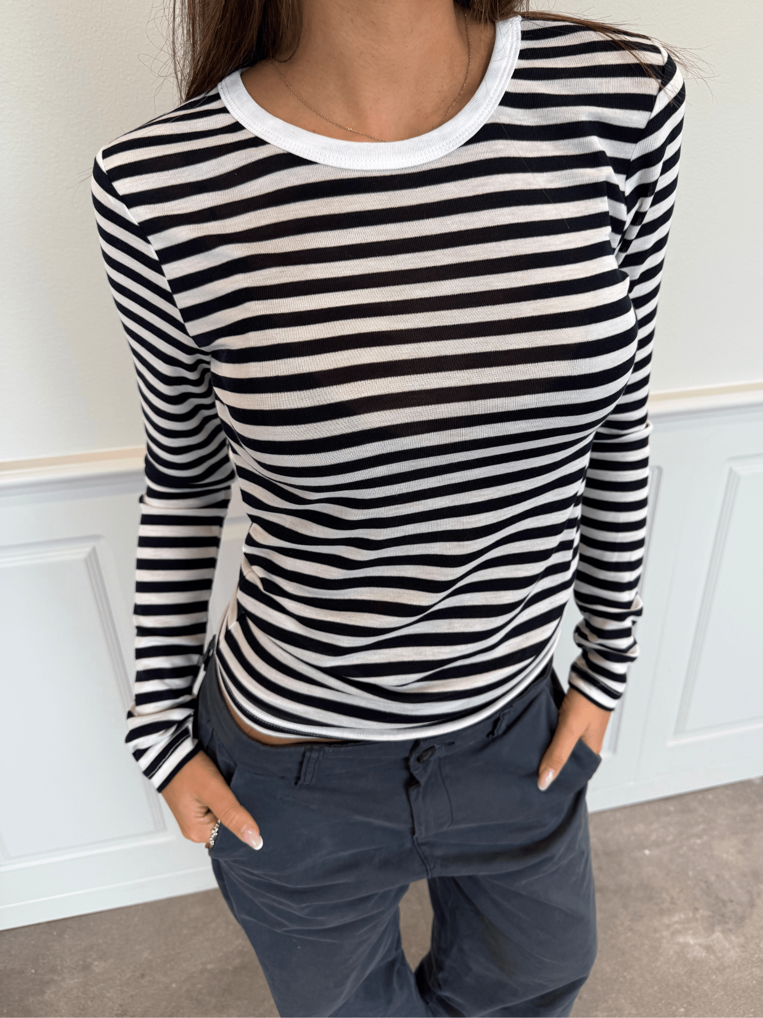 SIDSE LANGÆRMET T-SHIRT - WHITE/NAVY STRIPE