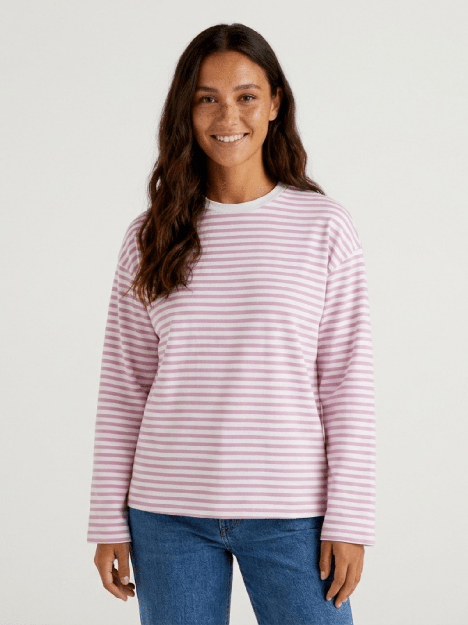 SADIE STRIPE TEE LS - BRIGHT WHITE/ROSEATE SPOONBILL