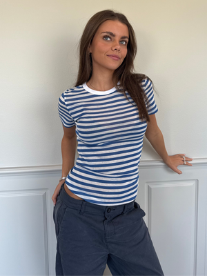SIDSE KORTÆRMET T-SHIRT - WHITE/BLUE STRIPE