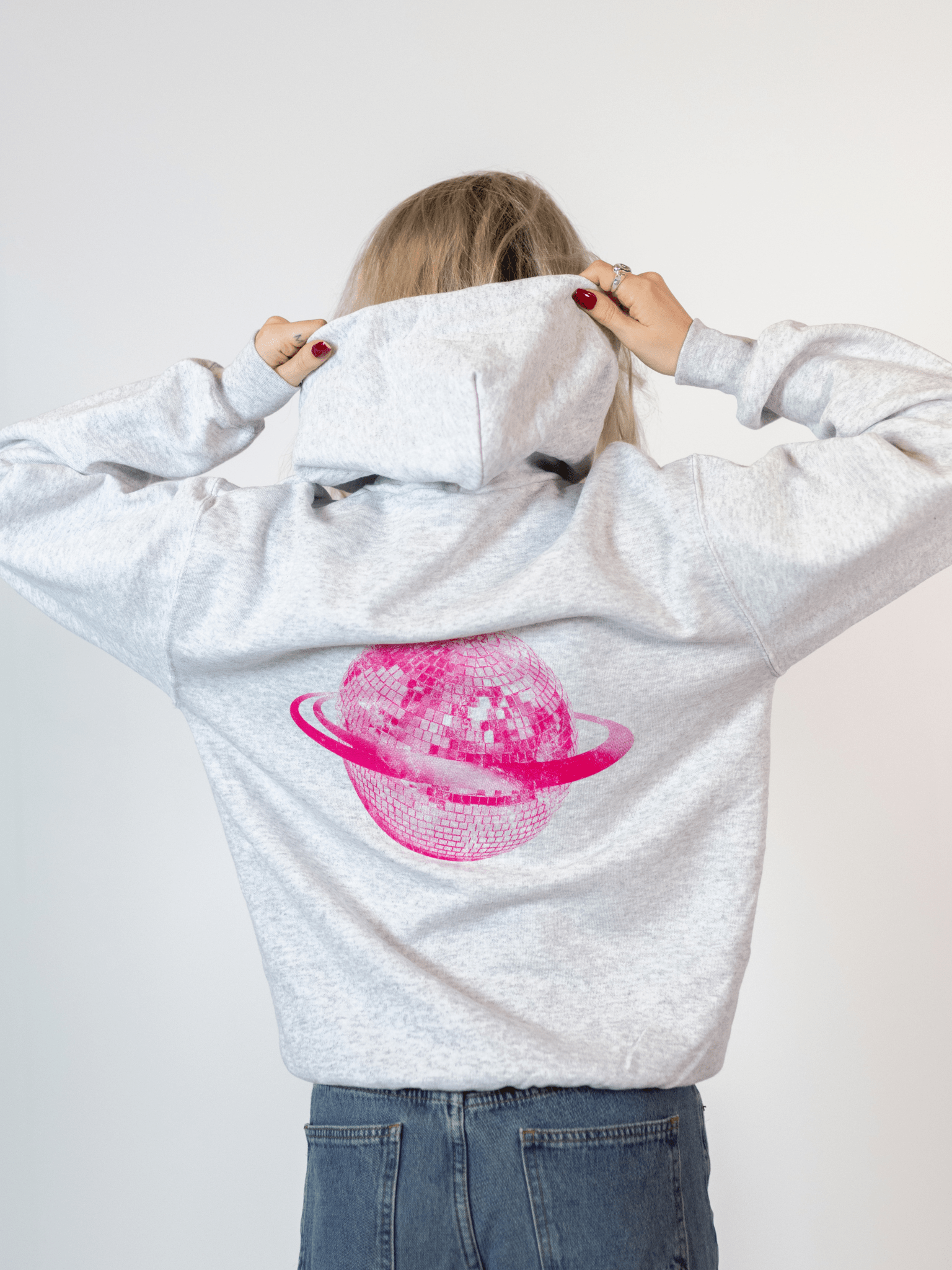 PLANET DISCO (pink) HOODIE (rygprint) - GRÅ