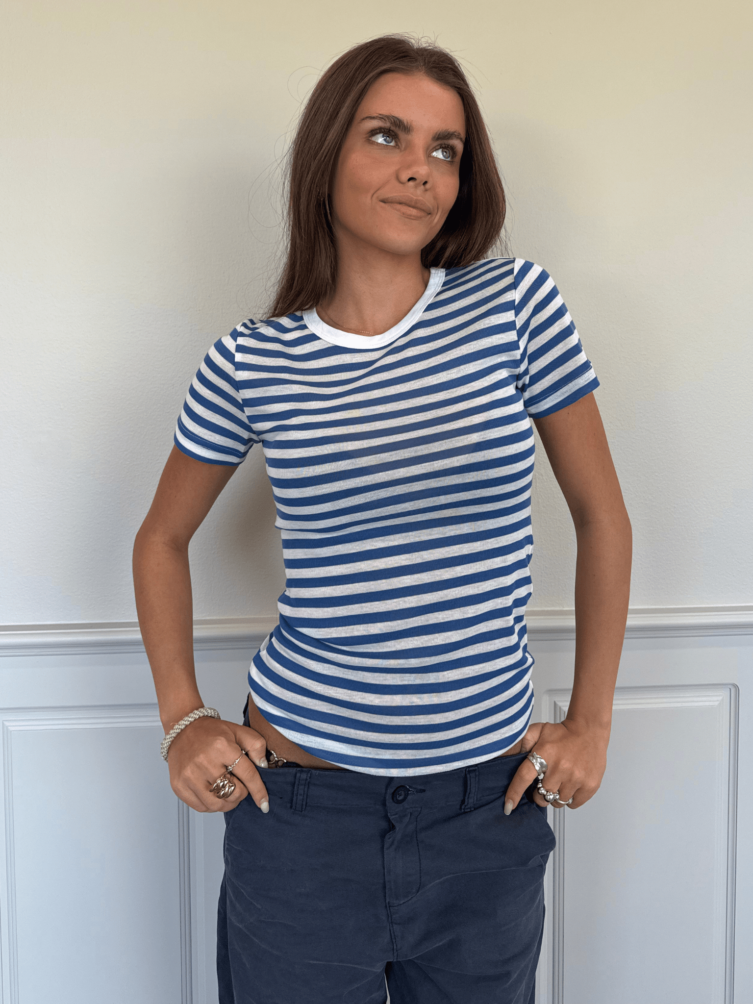 SIDSE KORTÆRMET T-SHIRT - WHITE/BLUE STRIPE