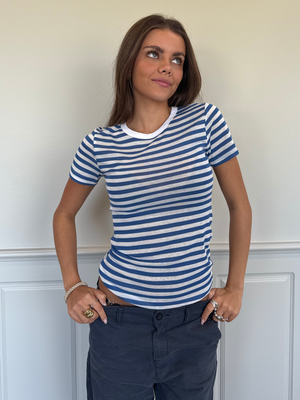 SIDSE KORTÆRMET T-SHIRT - WHITE/BLUE STRIPE