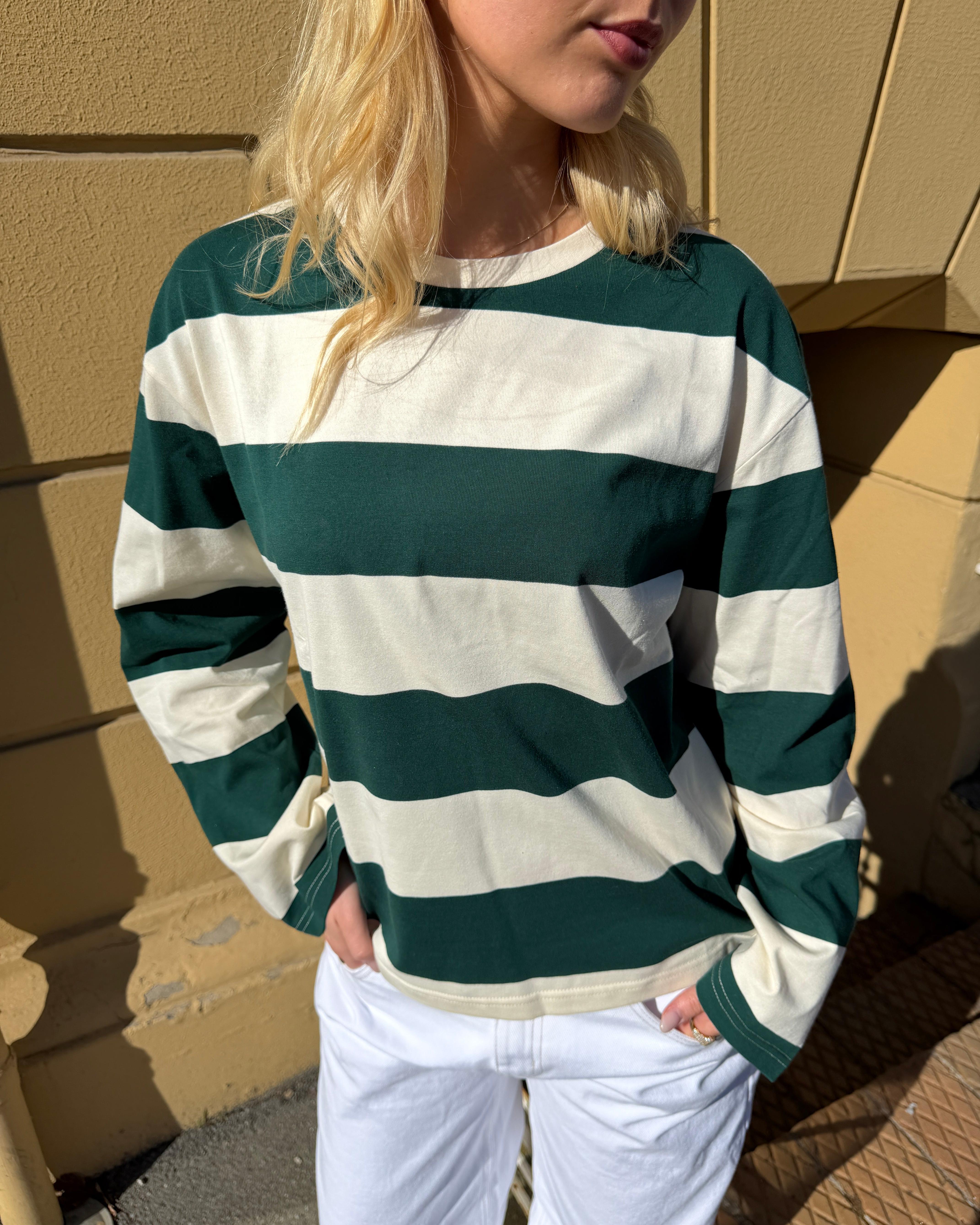 Oversize stribet langærmet t-shirt i grøn og offwhite bomuldsblanding fra Din Vintage Shop.