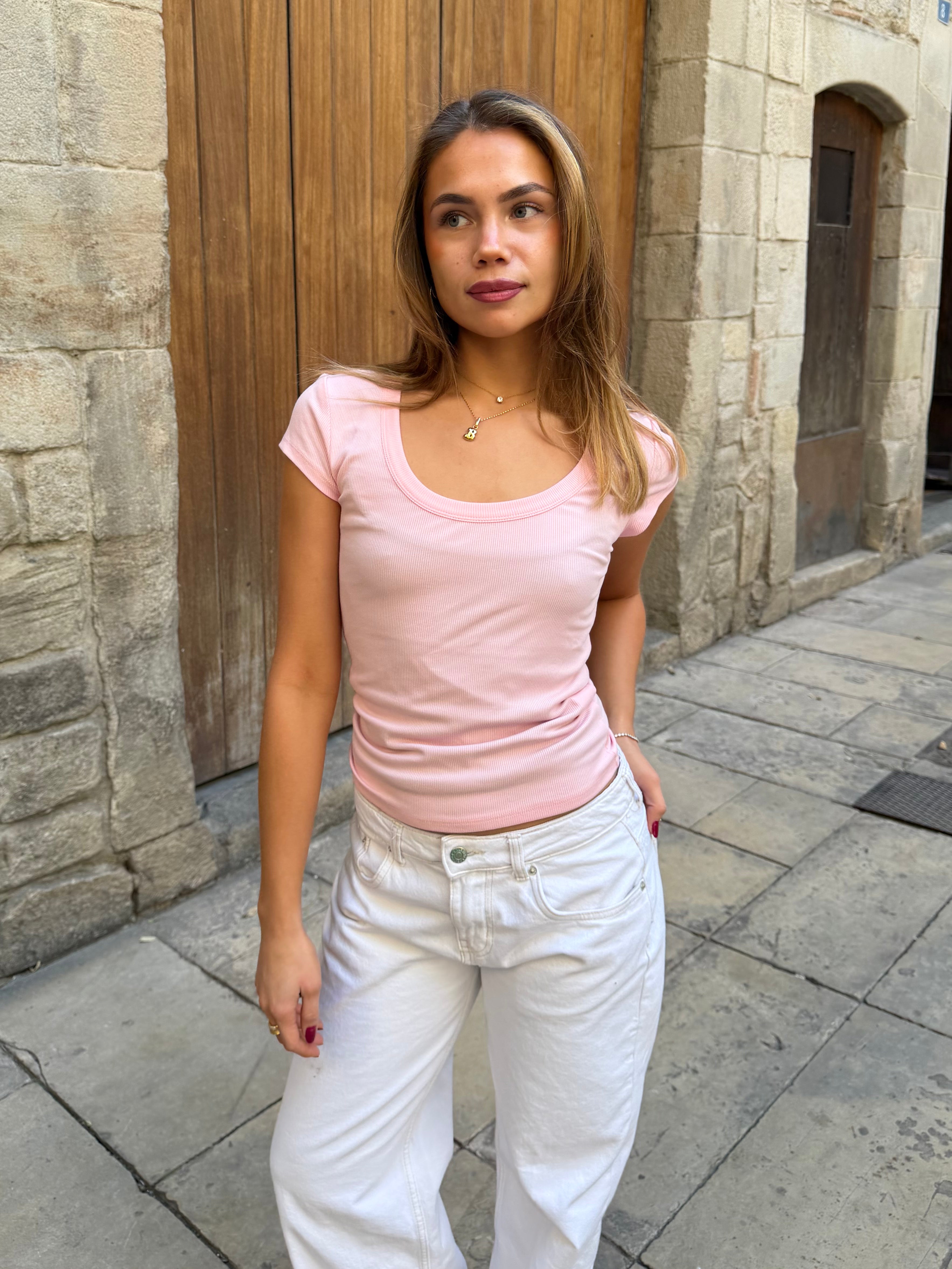 THEA KORTÆRMET T-SHIRT - LT PINK