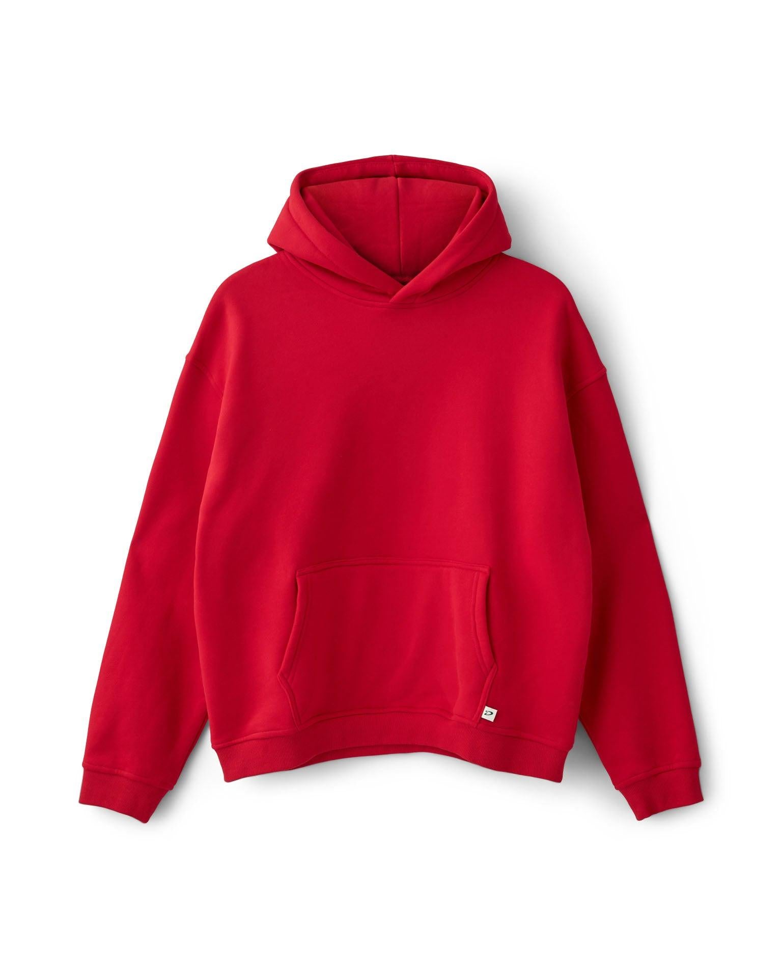 Rød oversized unisex hoodie i blød bomuld med kængurulomme og hætte