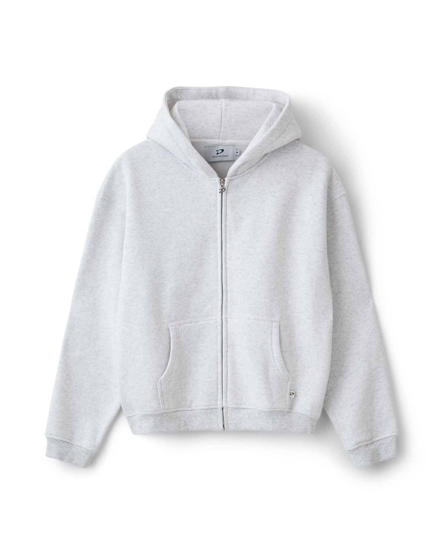 Lysegrå oversized zip hoodie i blød bomuld med lynlås og lommer fra Din Vintage Shop.