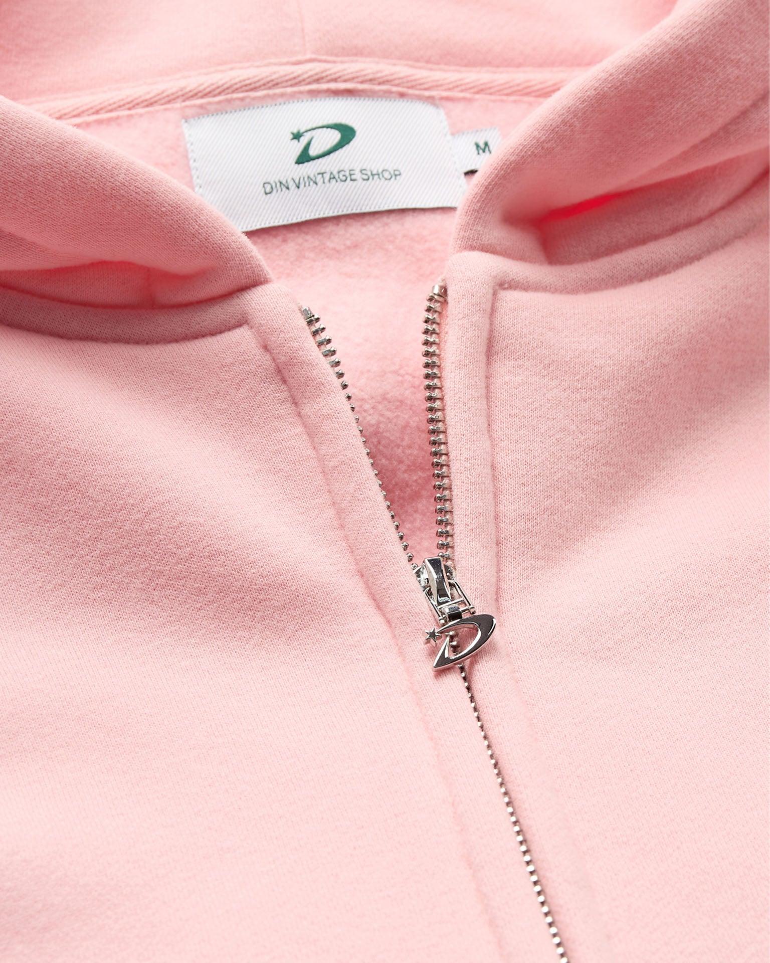 Lyserød oversized zip hoodie i bomuld med lynlås og Din Vintage Shop mærke.