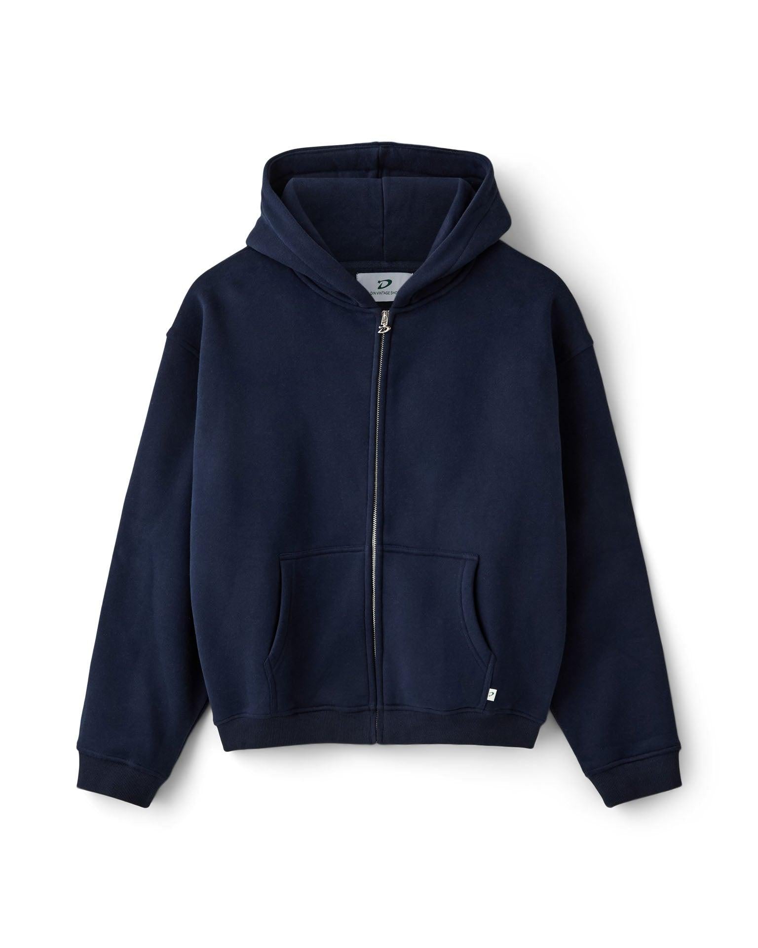 Navyblå oversized zip hoodie i blød bomuld med hætte og lommer fra Din Vintage Shop.