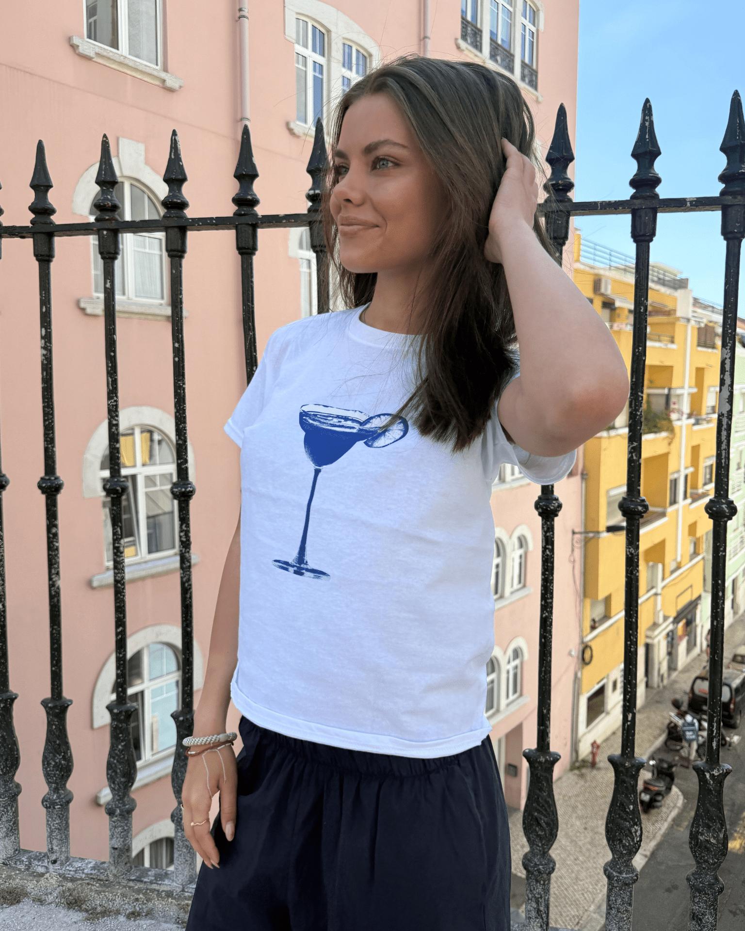 BLUE DRINK, BABY TEE - WHITE