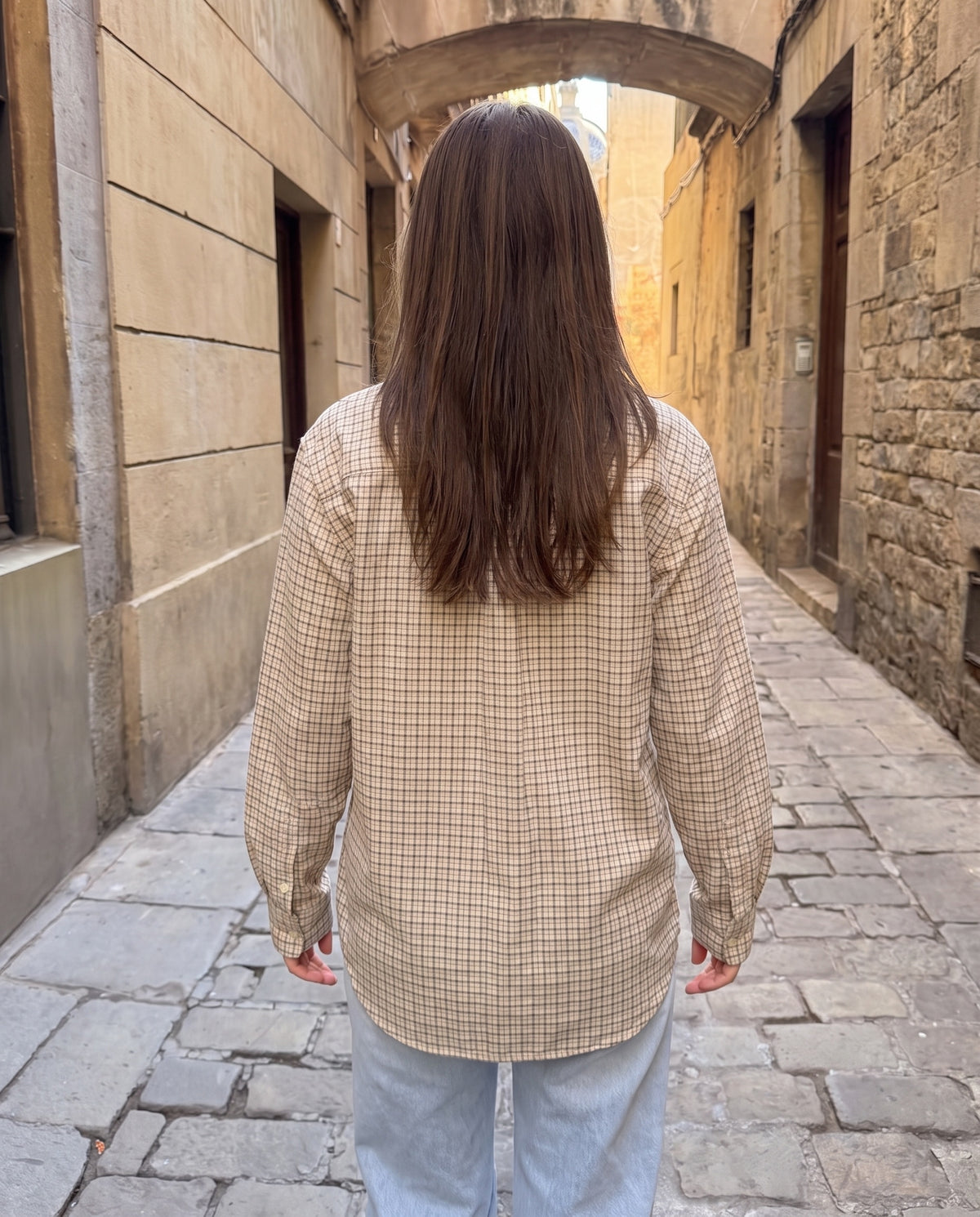KAROLINE BOXFIT SHIRT - SAND/BROWN CHECK - Dinvintageshop